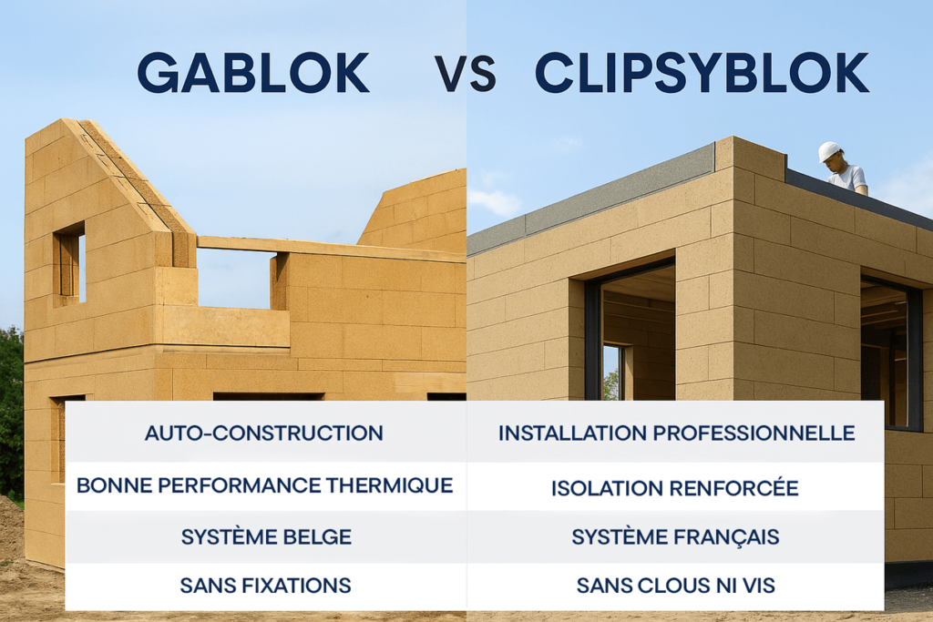Tableau comparatif des caractéristiques du système de construction gablok vs clipsyblock. Différences entre les 2 méthodes de construction blocs préisolés